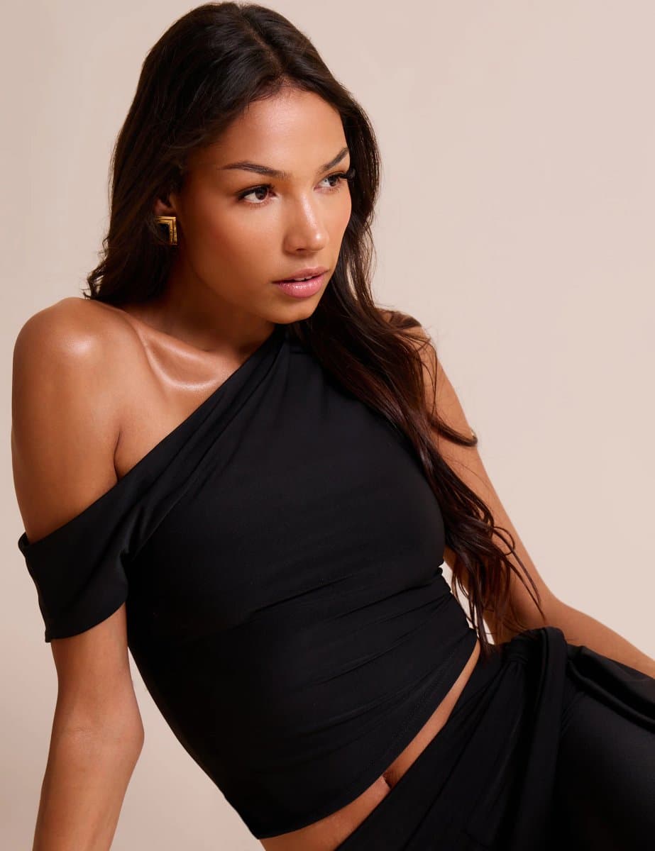 Public Desire Asymmetric One Shoulder Luxe Slinky Top Black