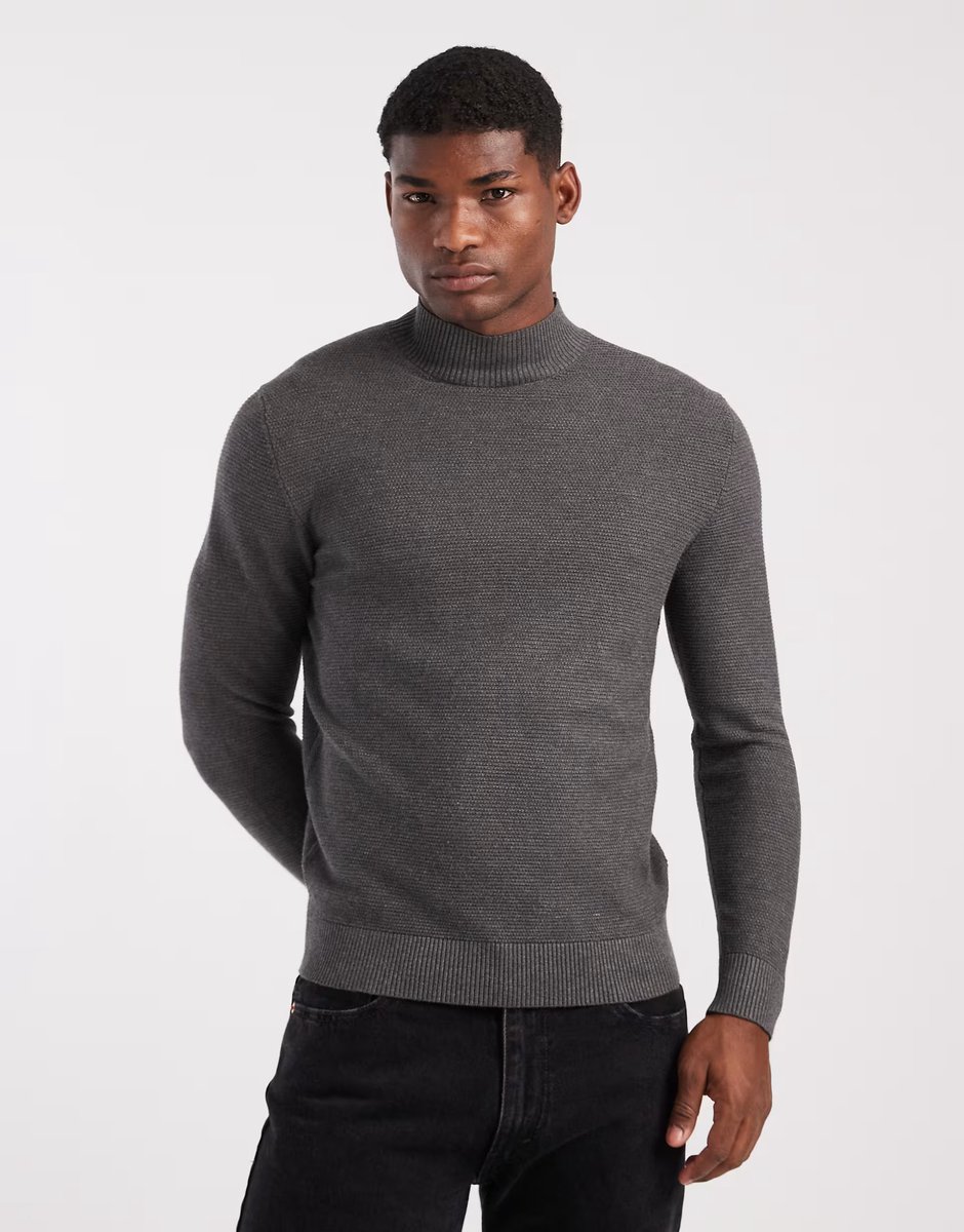 ASOS Mango classic fine knit mock neck jumper in charcoal - 1