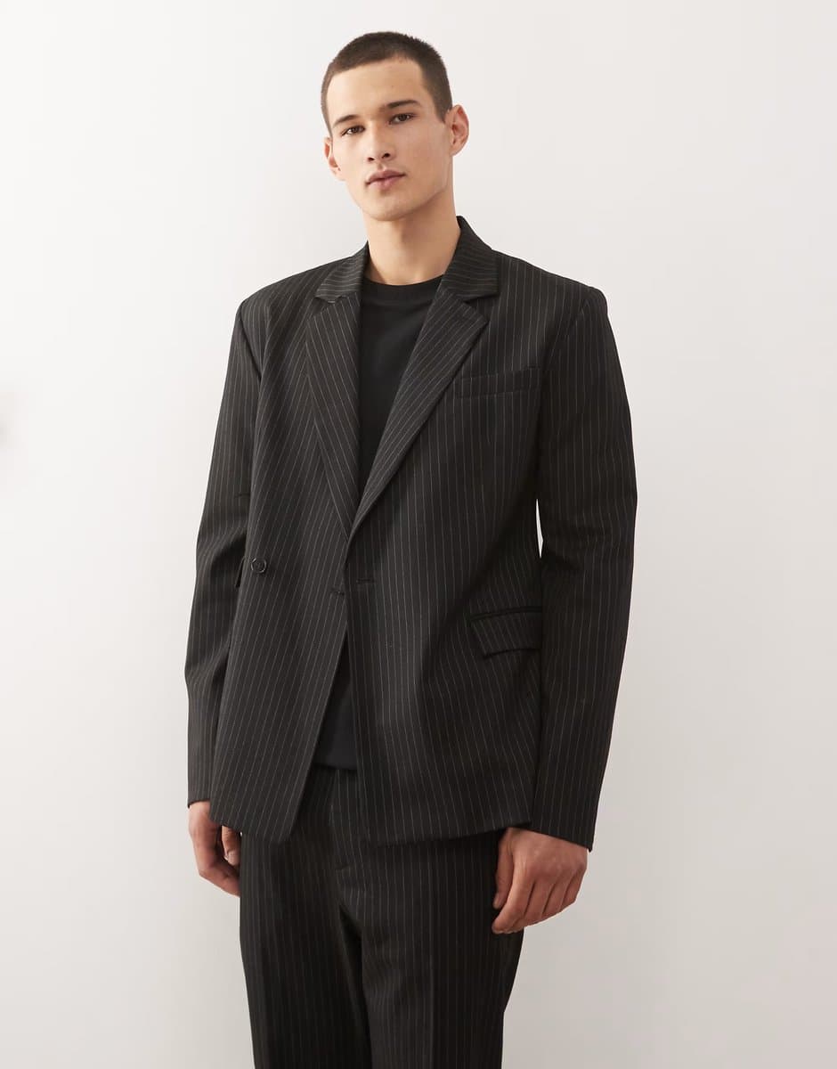 ASOS Weekday premium wool blend blazer co-ord in black pinstripe