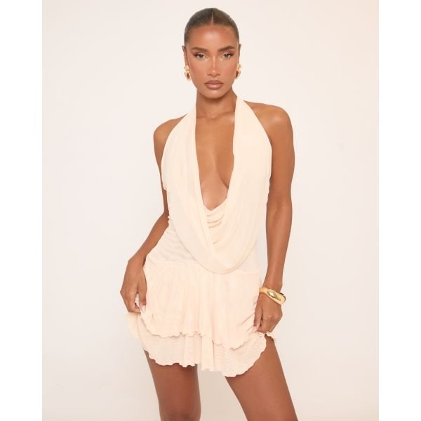 EGO Plunge Halterneck Layered Sheer Mini Dress In Nude Mesh, Women's Size UK 6 - 2