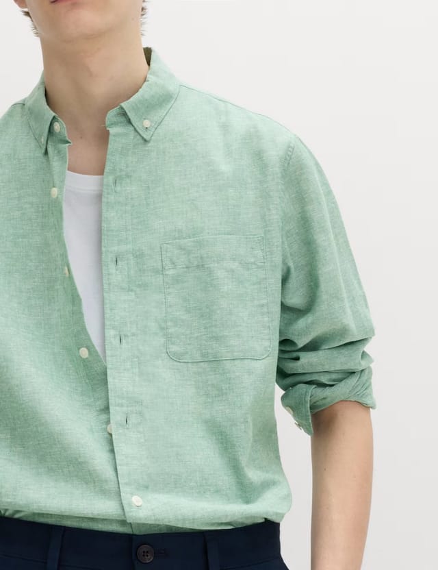 Marks & Spencer M&S Regular Fit Cotton Linen Blend Shirt Green - 3
