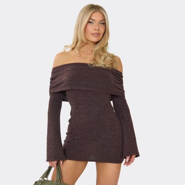EGO Bardot Foldover Mini Dress In Chocolate Brown Brushed Rib, Women's Size UK 6 - 1