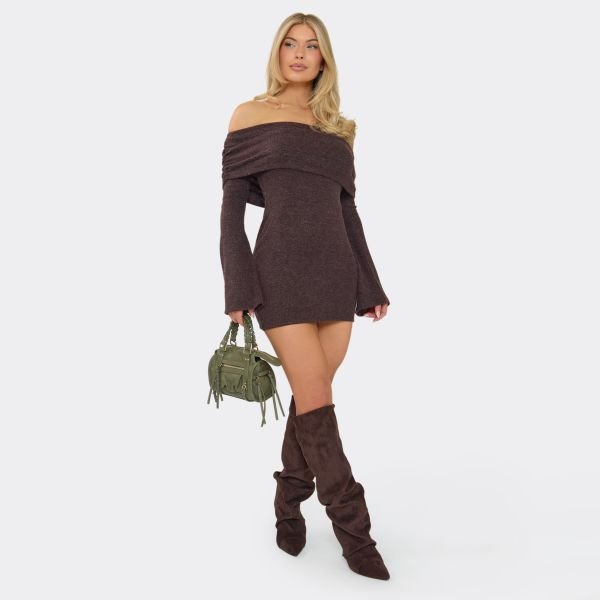 EGO Bardot Foldover Mini Dress In Chocolate Brown Brushed Rib, Women's Size UK 6 - 2