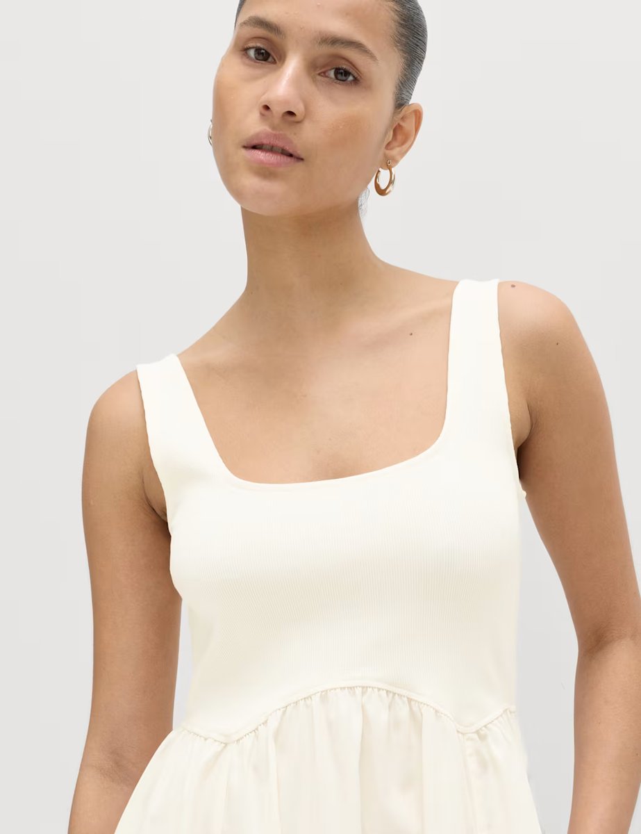 Marks & Spencer M&S Cotton Rich Square Neck Midi Waisted Dress Ivory - 2