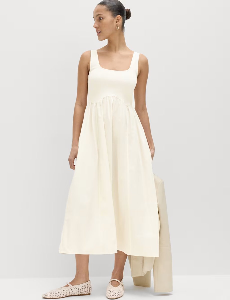 Marks & Spencer M&S Cotton Rich Square Neck Midi Waisted Dress Ivory - 3