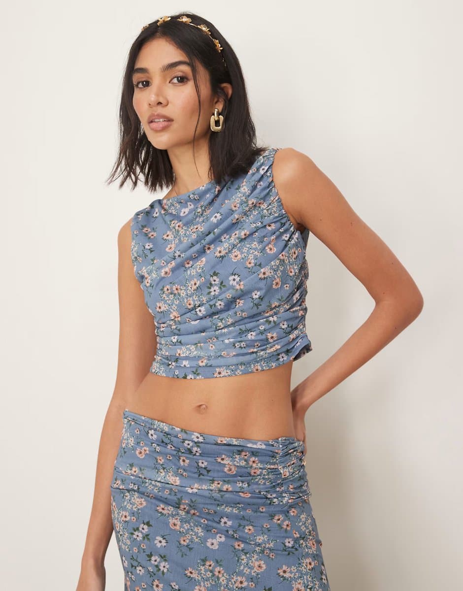ASOS ASOS DESIGN co-ord backless ruched drape top in blue floral