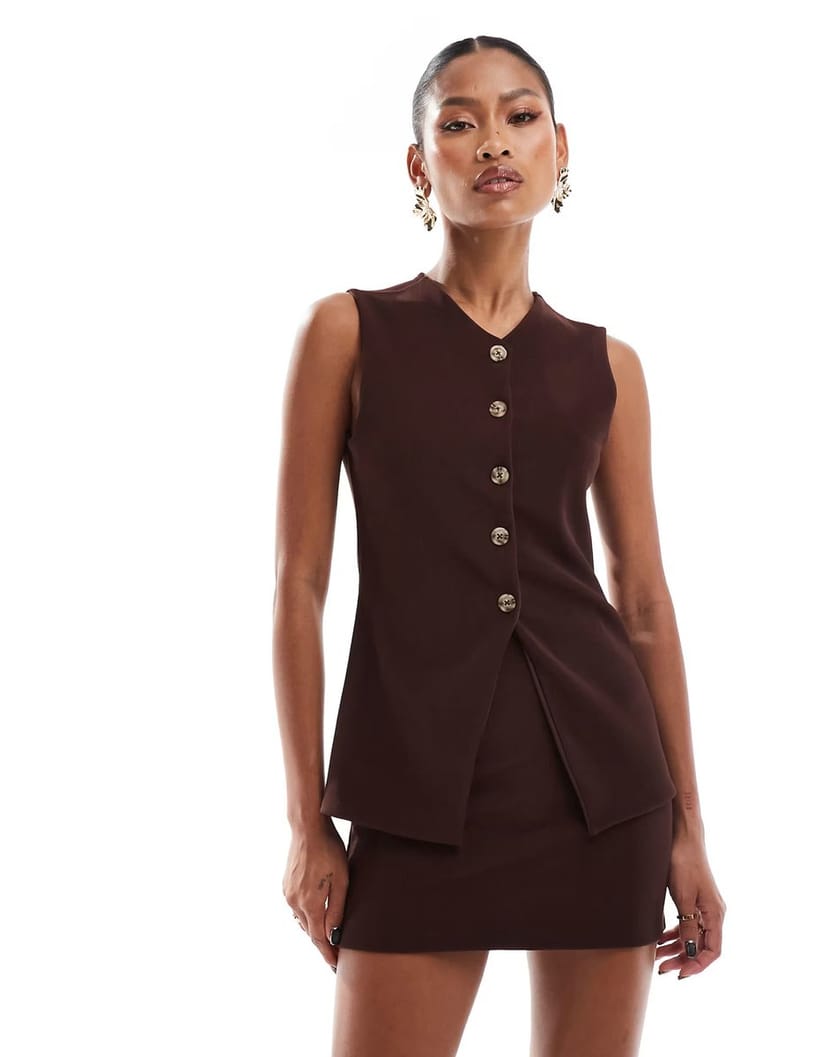 ASOS ASOS DESIGN co-ord ribbed longline button through v neck waistcoat top in chocolate - 1