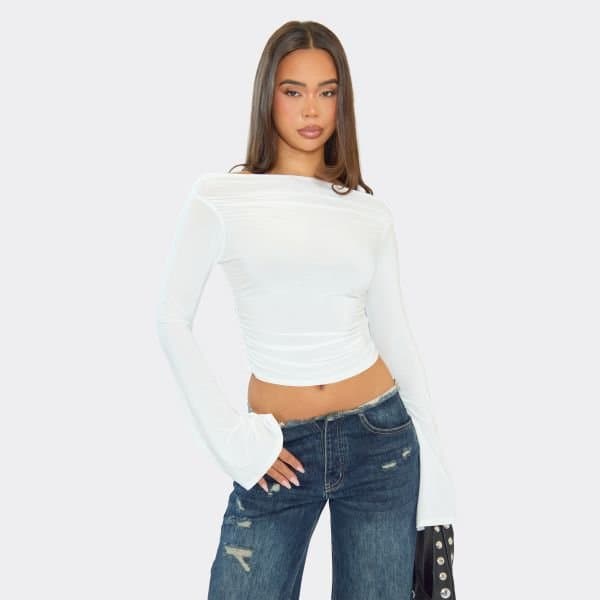 EGO EGO Bardot Flared Sleeve Top in White Slinky