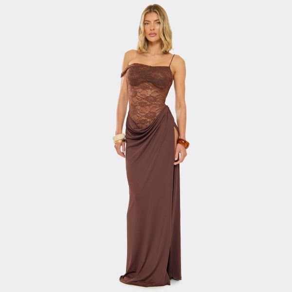 EGO Strappy One Shoulder Contrast Lace Cowl Waist Detail Maxi Dress In Chocolate Brown, Women's Size UK Large L
