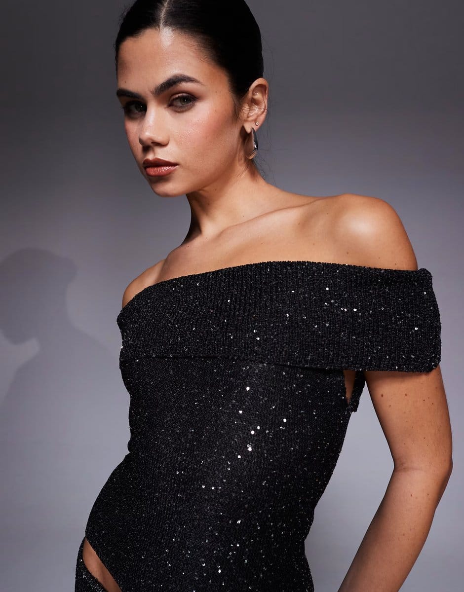 ASOS Kaiia exclusive bardot sequin knitted top co-ord in black - 1