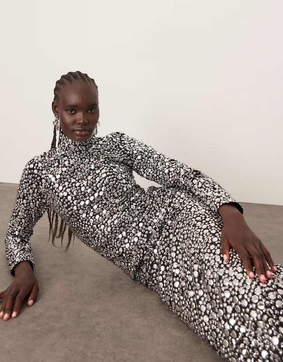 ASOS ARRANGE textural sequin high neck long sleeve maxi dress - 3