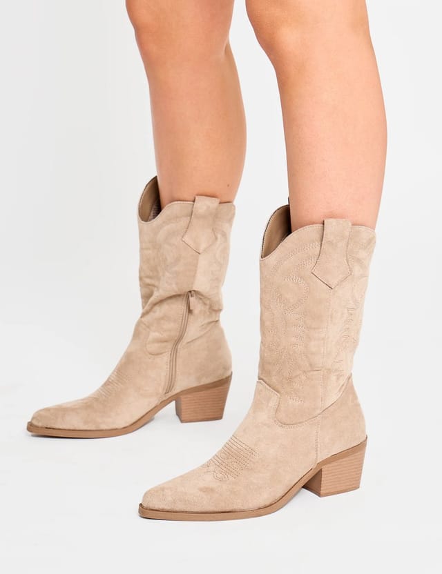 Public Desire Sandy Beige Suedette Western Cowboy Ankle Boots - 2