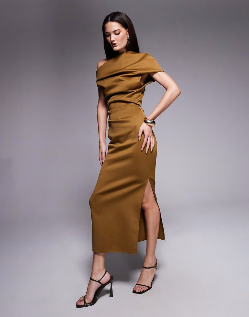 ASOS ASOS DESIGN structured midi dress with fallen shoulder in brown scuba-style fabric