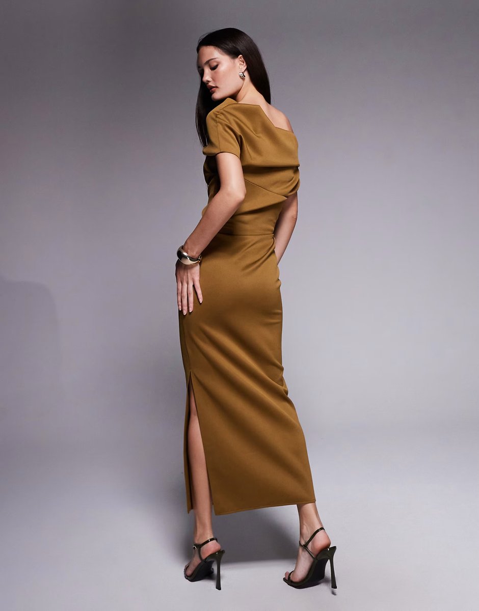 ASOS ASOS DESIGN structured midi dress with fallen shoulder in brown scuba-style fabric - 3