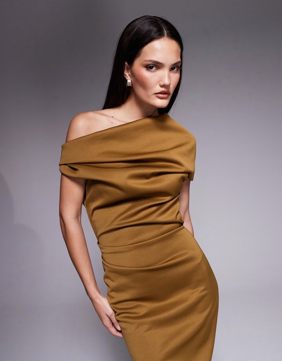 ASOS ASOS DESIGN structured midi dress with fallen shoulder in brown scuba-style fabric - 4