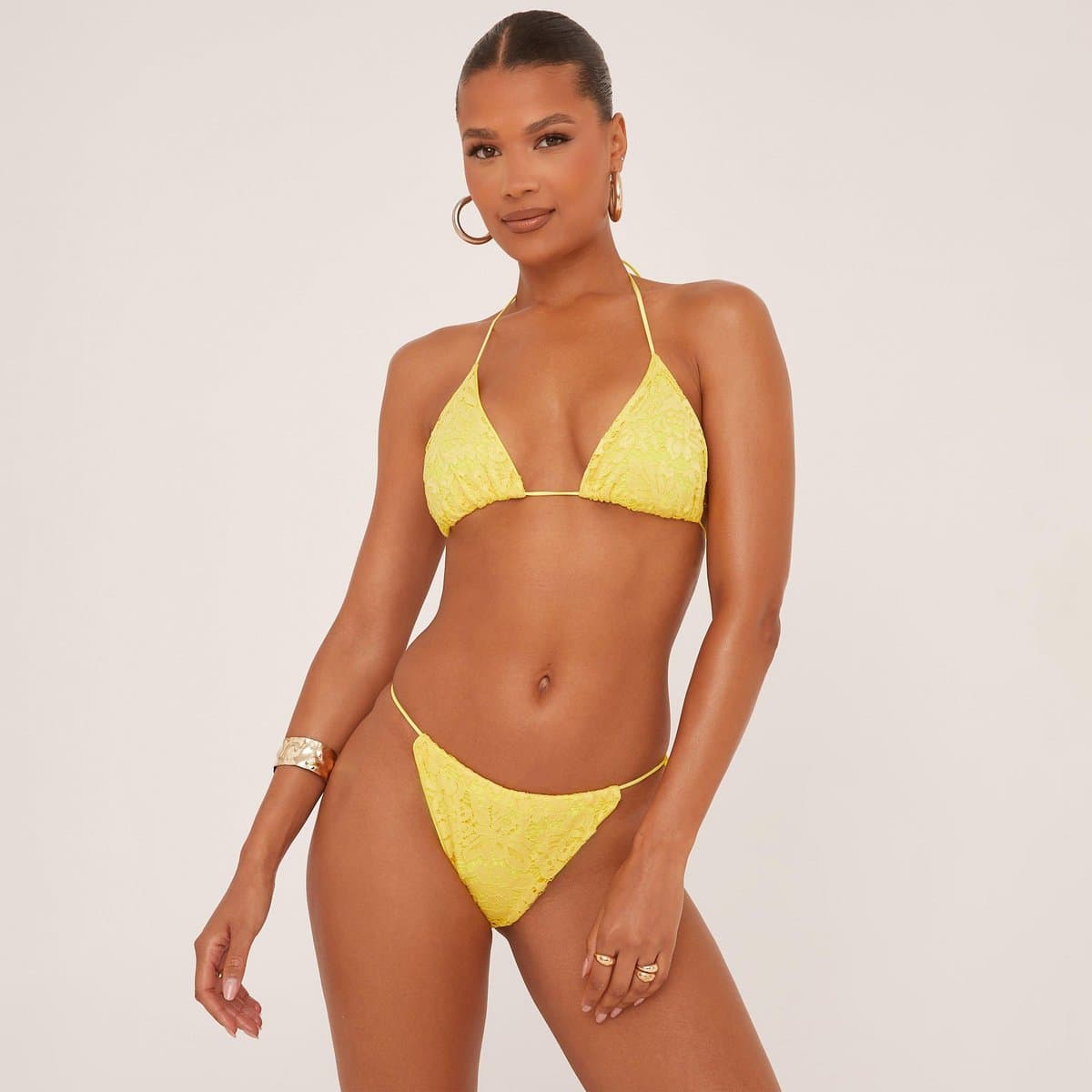 EGO Triangle Lace Detail Bikini Set In Yellow, Women's Size UK 6