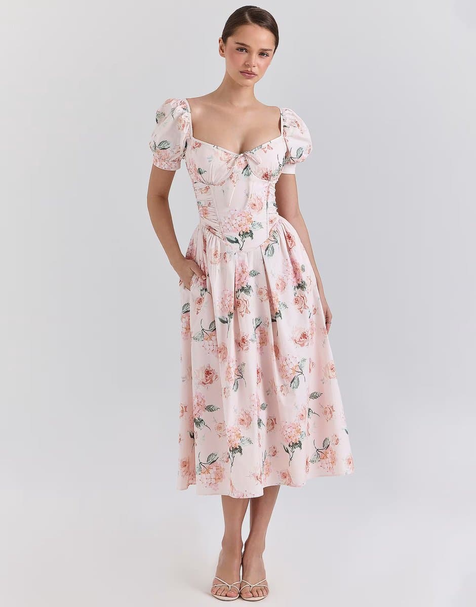 ASOS House of CB Lulabell cotton puff sleeve midi dress in peach