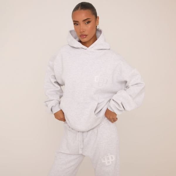 EGO Embroidered Swirl Logo Detail Oversized Hoodie In Grey, Women's Size UK 10 - 1