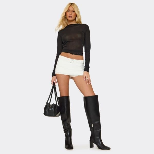 EGO Bertha Square Toe Block Heel Over The Knee Thigh High Boot In Black Faux Leather, Women's Size UK 3