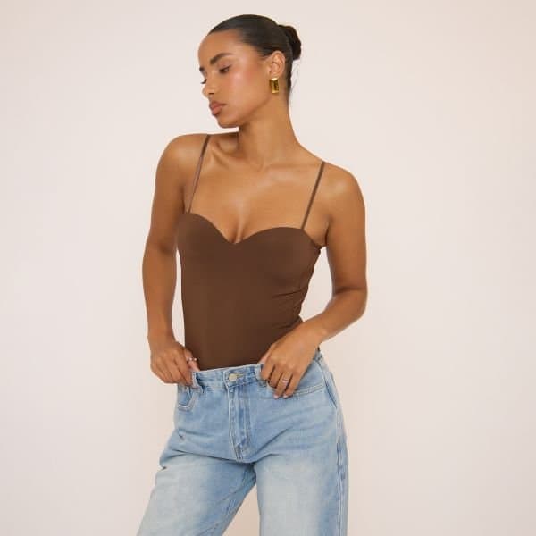 EGO Sweetheart Neckline Strappy Bodysuit In Brown, Women's Size UK 8