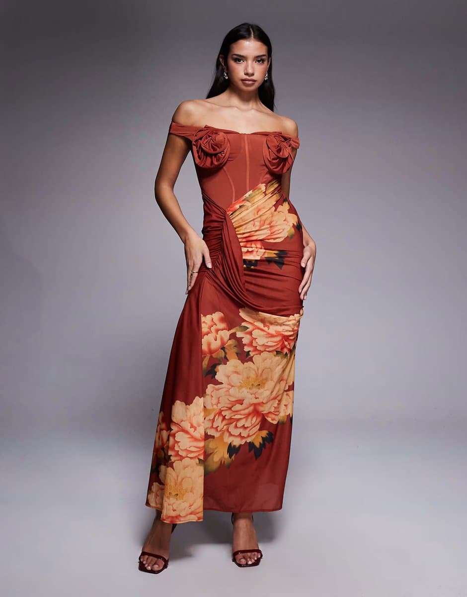 ASOS ASOS DESIGN floral bust detail bardot maxi dress with draped skirt in floral print
