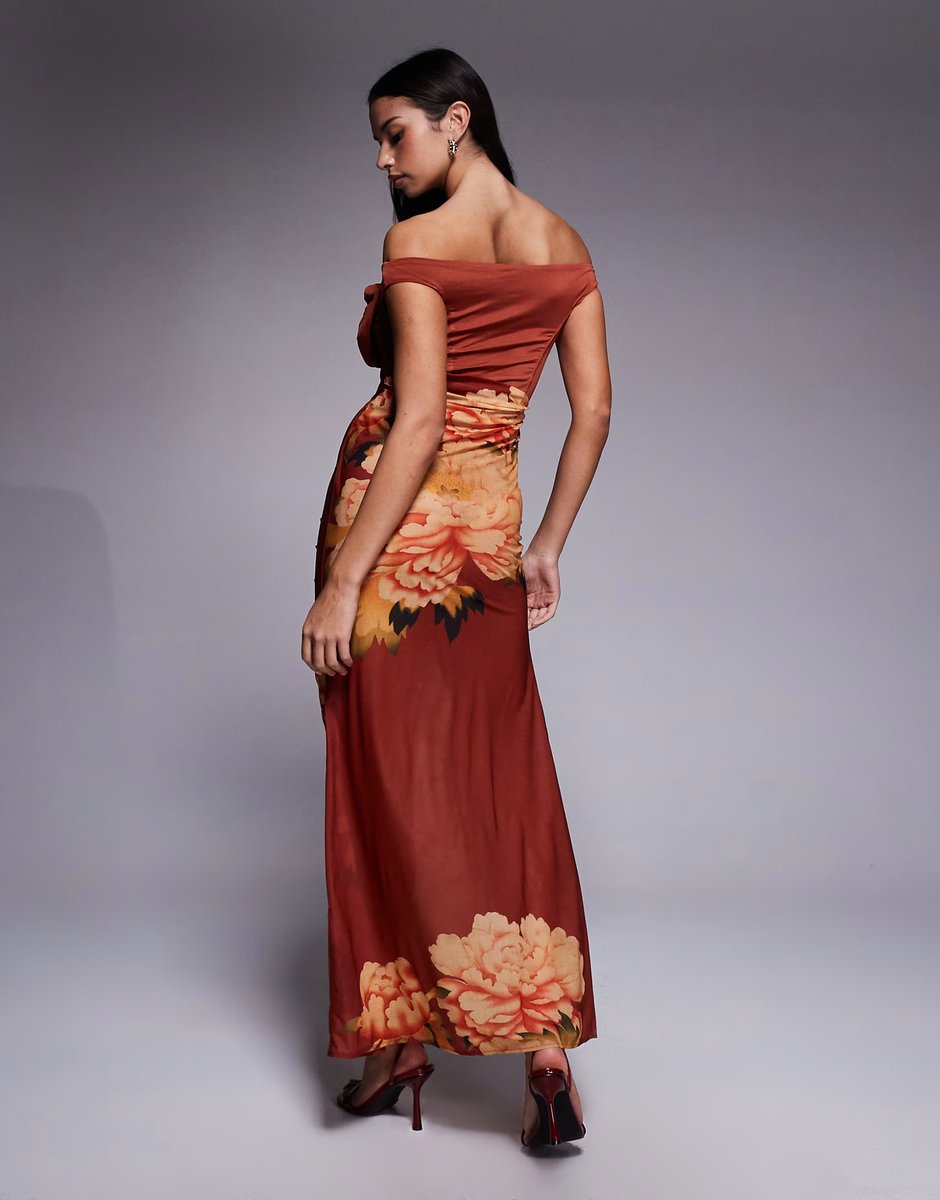 ASOS ASOS DESIGN floral bust detail bardot maxi dress with draped skirt in floral print - 2