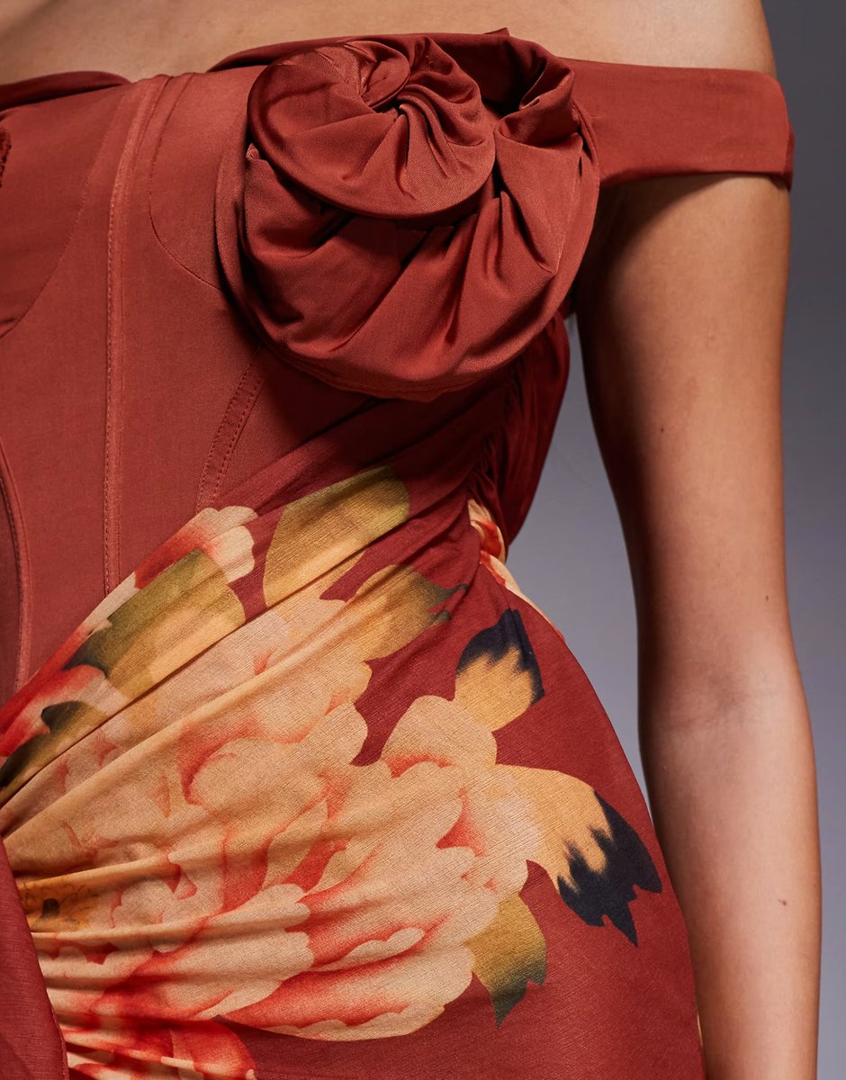 ASOS ASOS DESIGN floral bust detail bardot maxi dress with draped skirt in floral print - 3