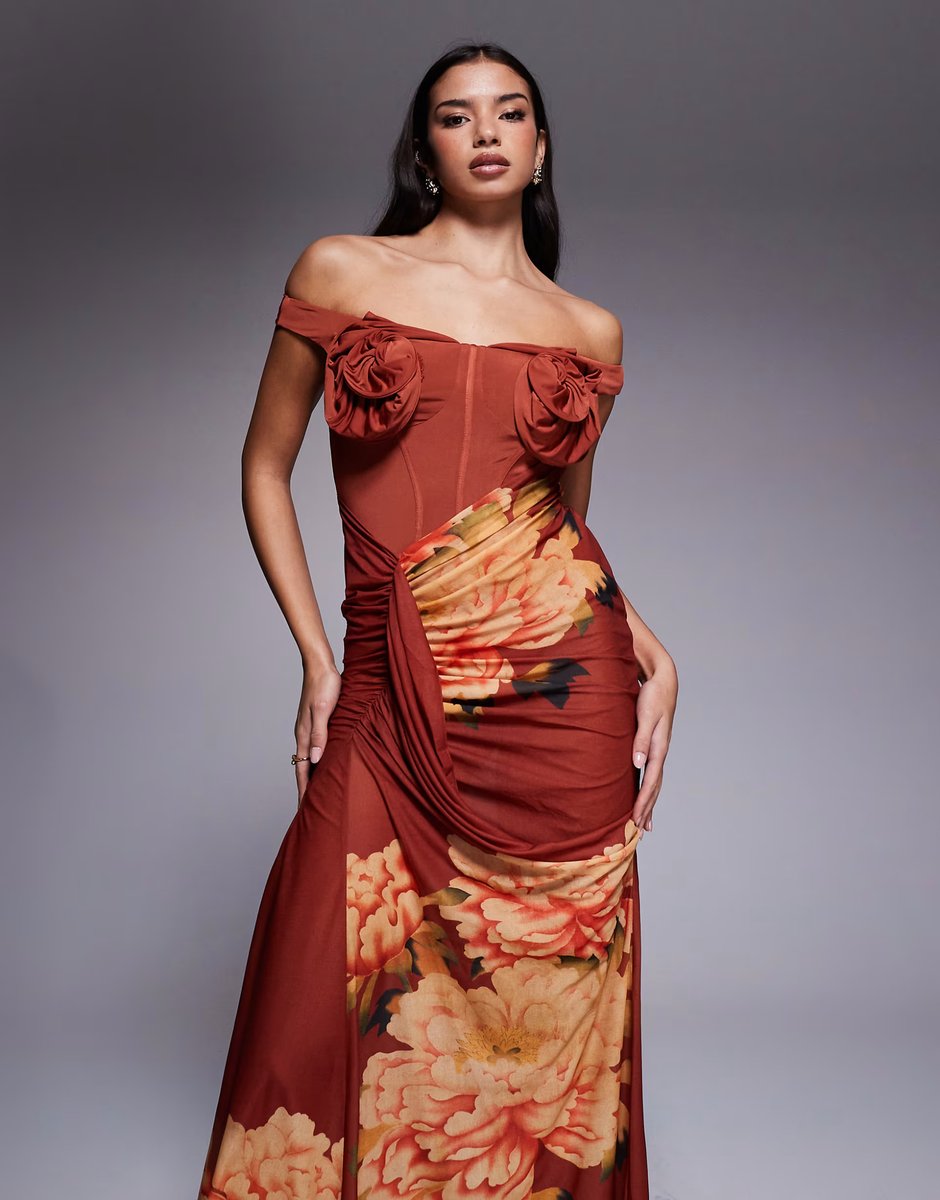 ASOS ASOS DESIGN floral bust detail bardot maxi dress with draped skirt in floral print - 4