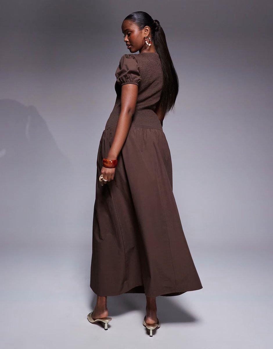 ASOS ASOS DESIGN shirred drop waist maxi dress in brown - 3