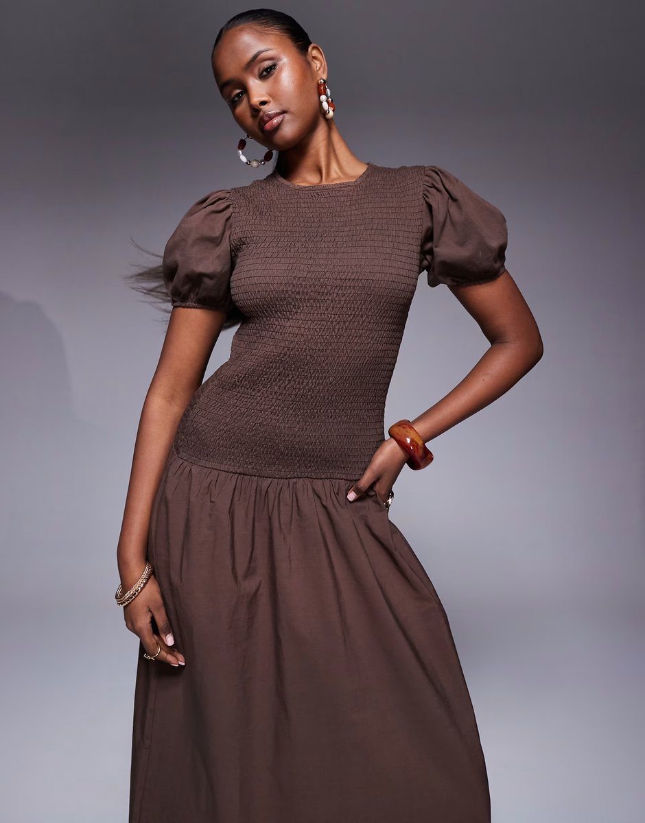 ASOS ASOS DESIGN shirred drop waist maxi dress in brown - 4