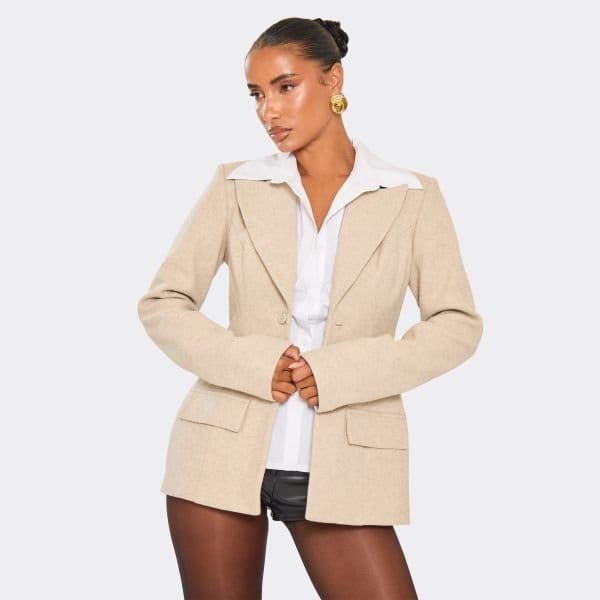 EGO Long Sleeve Cinched Waist Shaped Hip Detail Wool Look Blazer In Beige, Women's Size UK 6 - 1