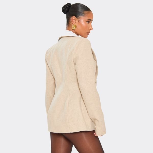 EGO Long Sleeve Cinched Waist Shaped Hip Detail Wool Look Blazer In Beige, Women's Size UK 6 - 2