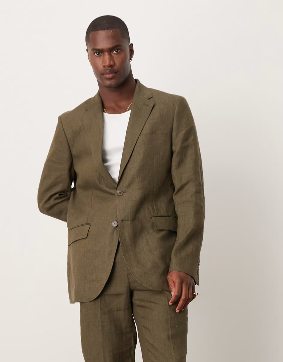 ASOS Mango slim fit linen suit blazer in green co-ord 17