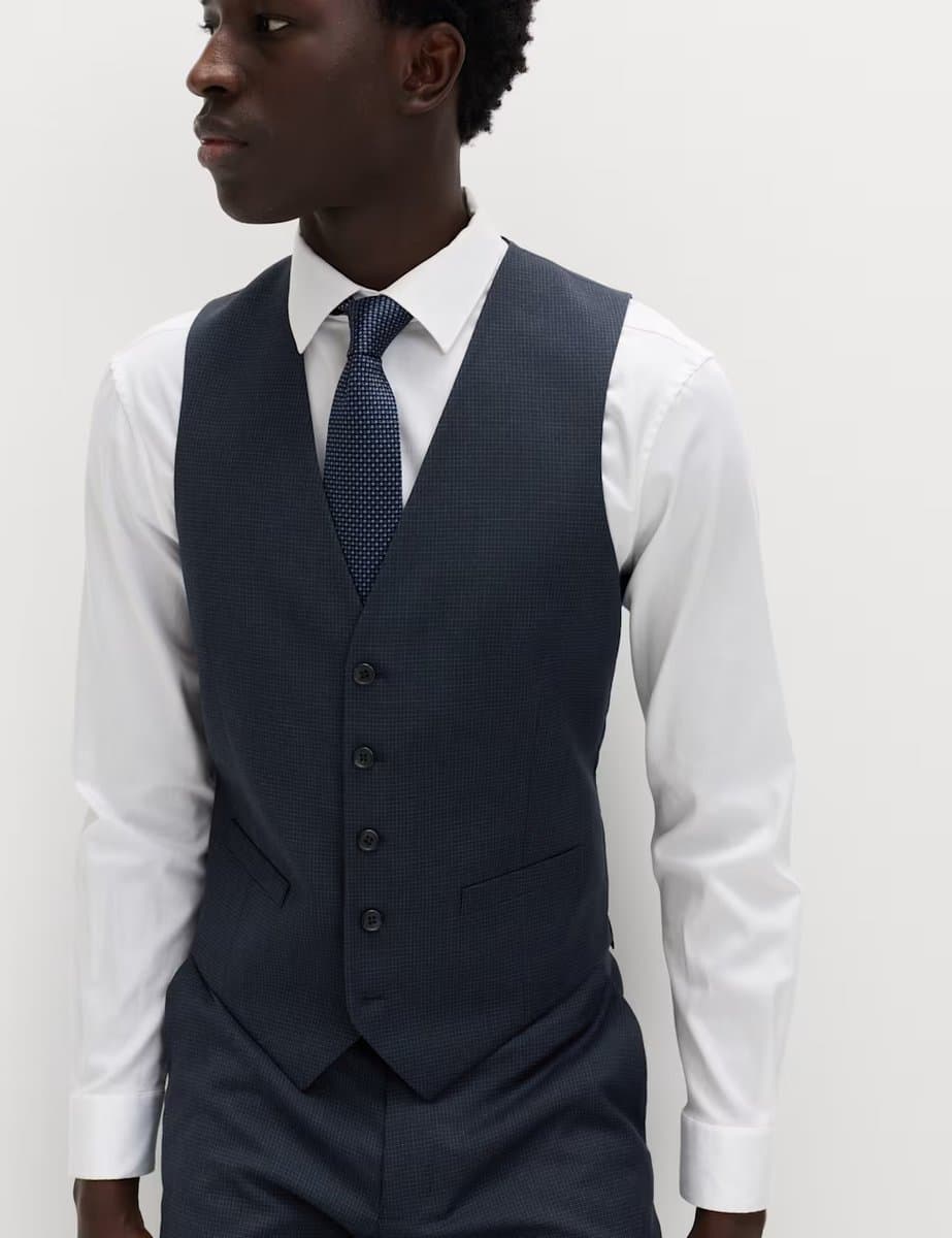 Marks & Spencer M&S Checked Stretch Waistcoat Navy