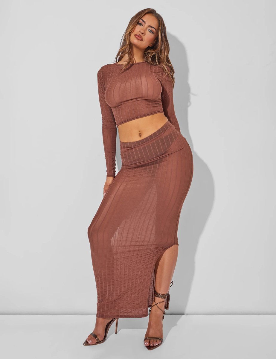 Public Desire Sheer Long Sleeve Top Co Ord Brown - 3