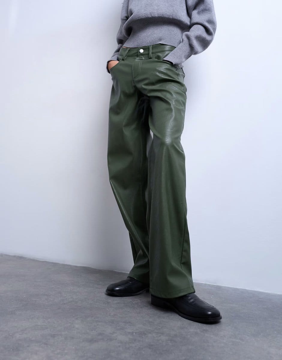 ASOS Topshop faux leather cinch trouser in green - 4