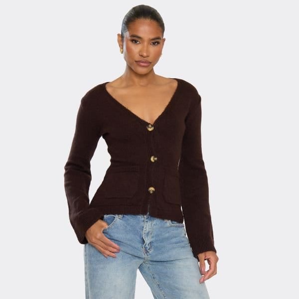 EGO Long Sleeve Button Front Cinched Waist Cardigan In Brown Knit, Women's Size UK Large L - 1