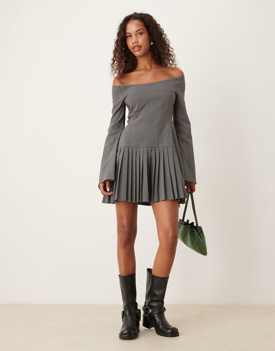 ASOS ASOS DESIGN long sleeve pleated skirt mini dress in slate grey
