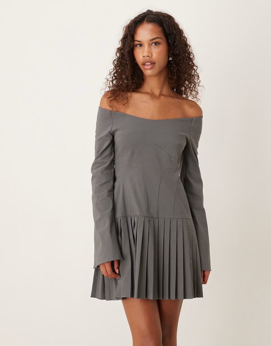 ASOS ASOS DESIGN long sleeve pleated skirt mini dress in slate grey - 3