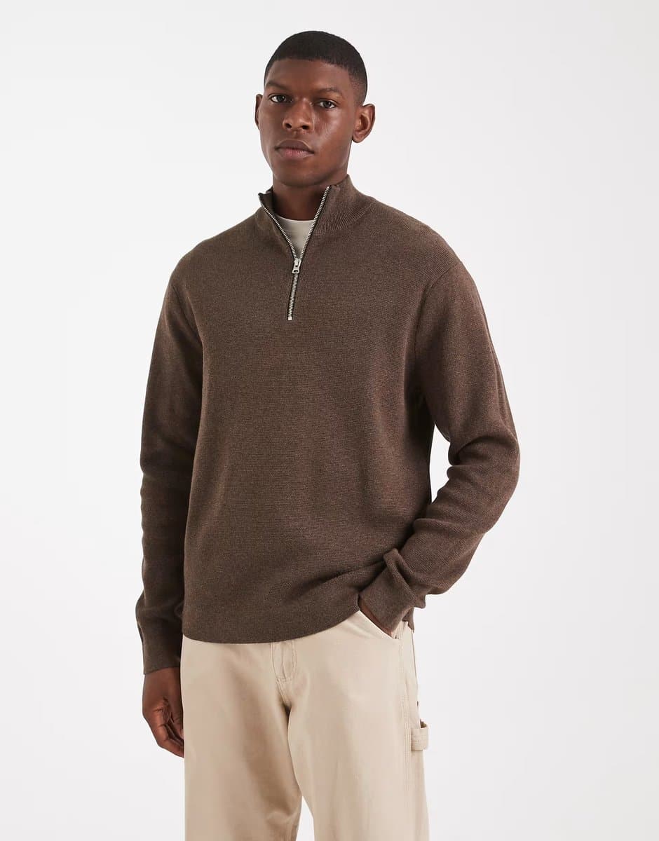 ASOS ONLY & SONS half zip knitted jumper in brown