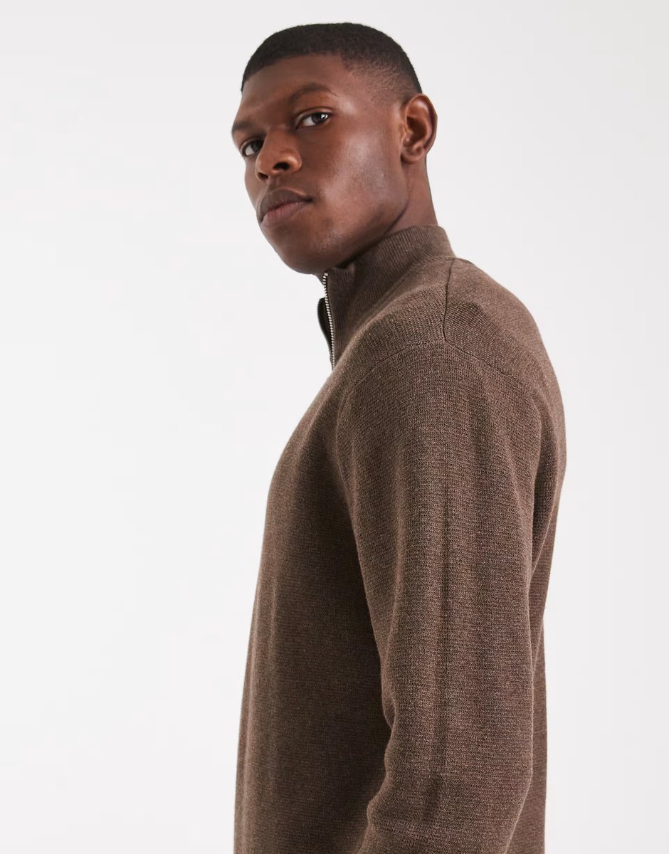 ASOS ONLY & SONS half zip knitted jumper in brown - 4