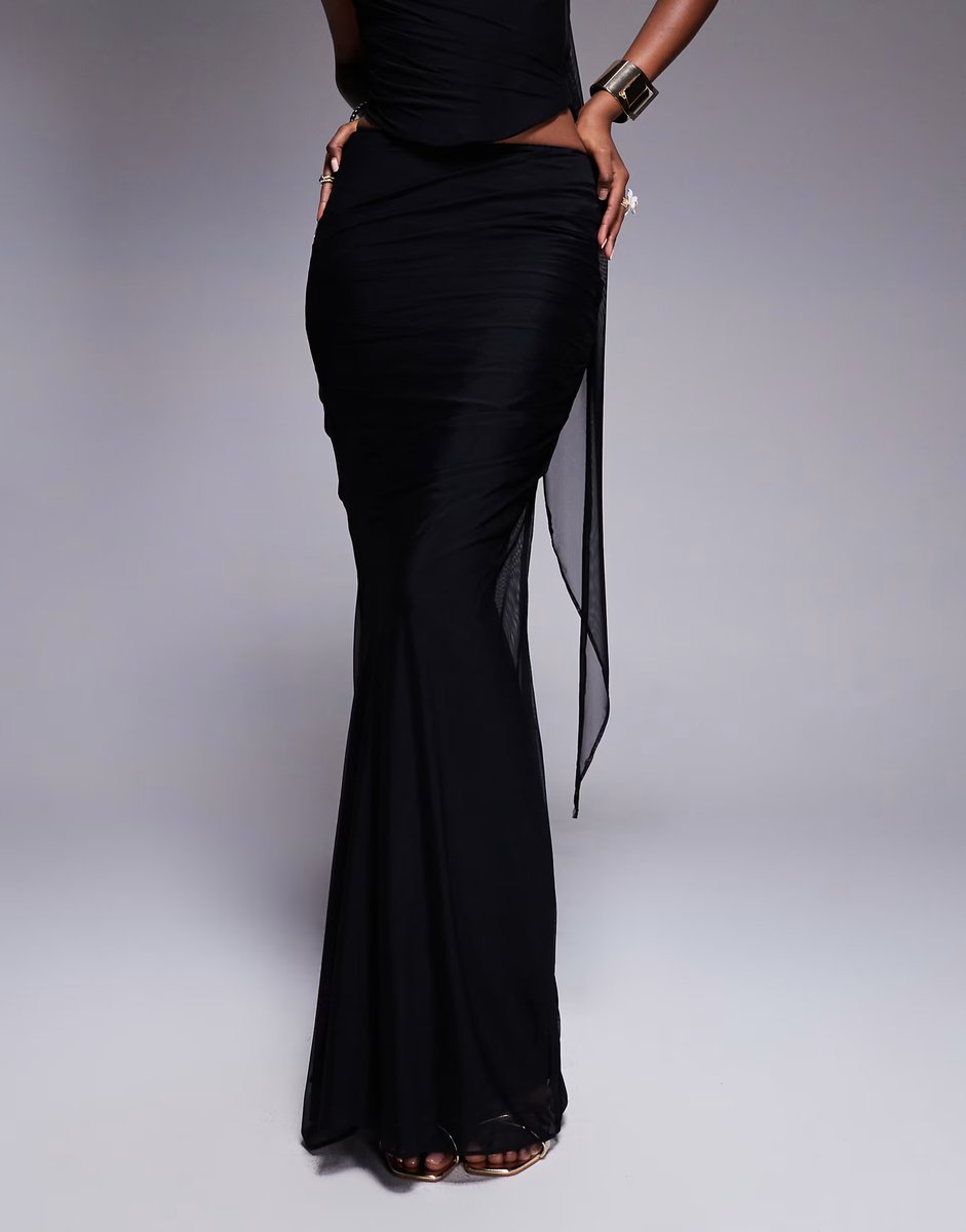 ASOS House of CB Cassidy mesh maxi skirt with fluted hem in black - 3