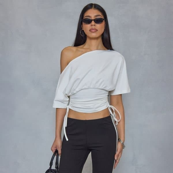 EGO Asymmetric Ruched Tie Cinched Waist Detail Top In Cream, Women's Size UK 6