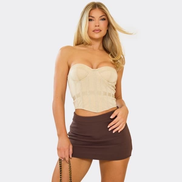 EGO Bandeau Longline Corset Top In Gold Glitter, Women's Size UK 6 - 1