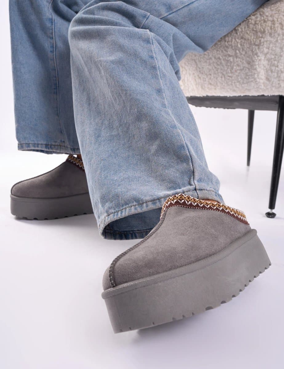 Public Desire Nutmeg Grey Faux Fur Lined Platform Mules