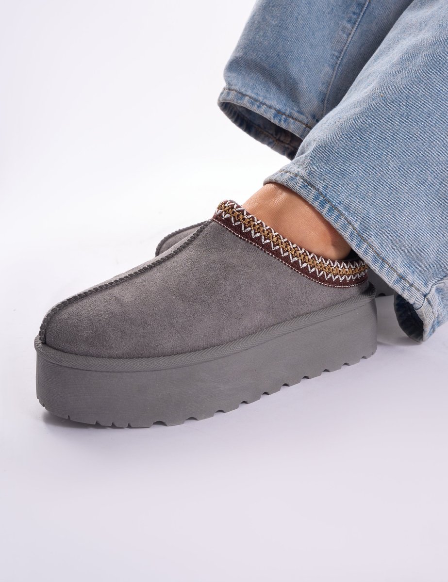 Public Desire Nutmeg Grey Faux Fur Lined Platform Mules - 2