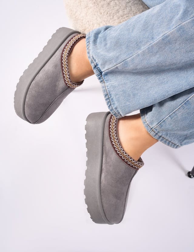 Public Desire Nutmeg Grey Faux Fur Lined Platform Mules - 3