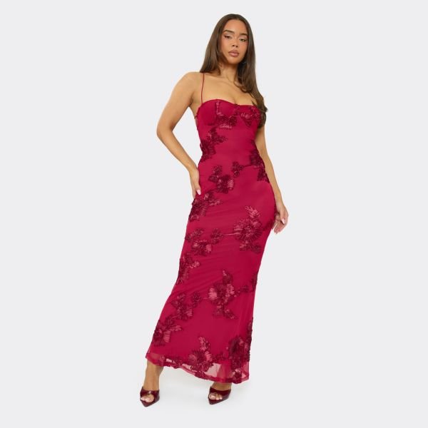 EGO Strappy Floral Applique Lace Up Back Detail Maxi Dress In Burgundy Textured, Women's Size UK Large L - 1