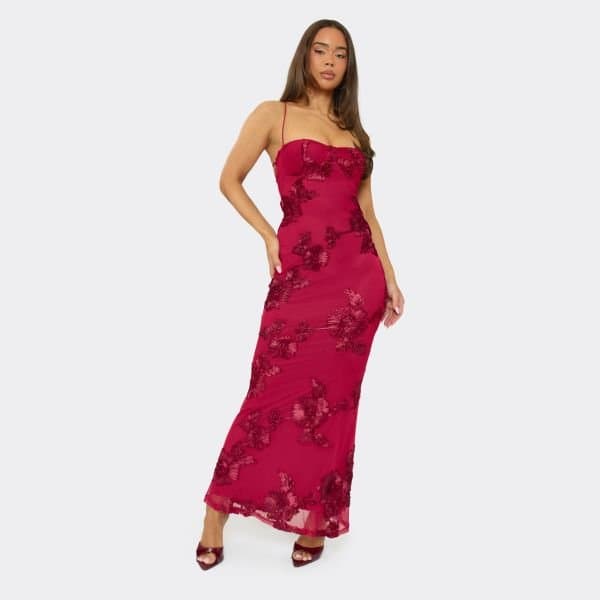 EGO Strappy Floral Applique Lace Up Back Detail Maxi Dress In Burgundy Textured, Women's Size UK Large L