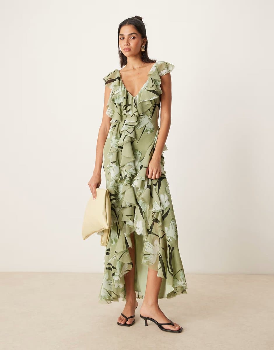 ASOS ASOS DESIGN ruffle bias maxi dress with open back in green floral print